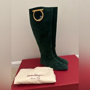 New Salvatore Ferragamo Women Avio Green Suede Knee Boots 6.5C